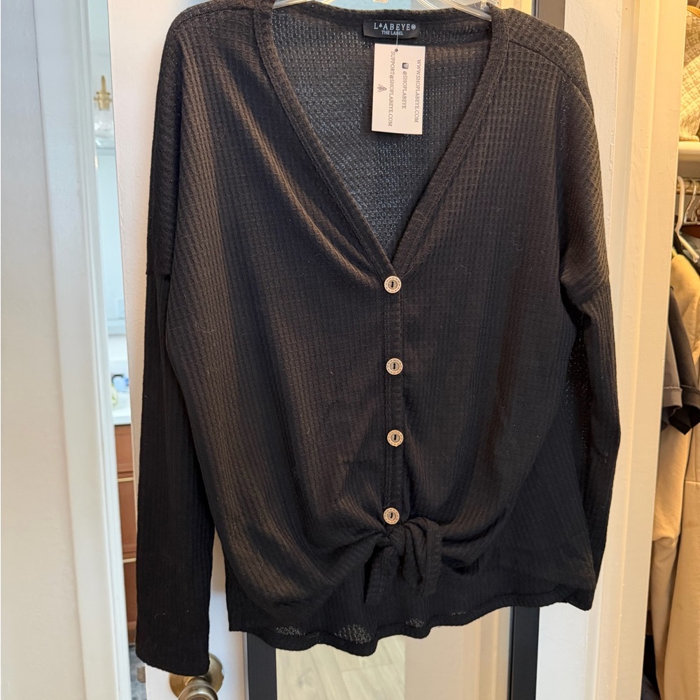 L'Abeye brand Black Button Front Tie Hem Top